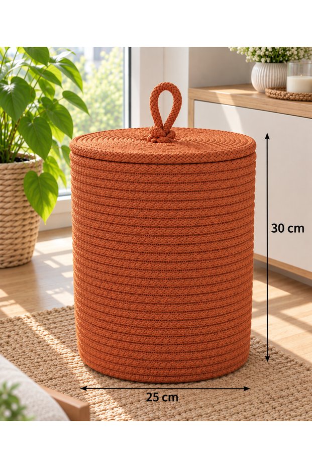 Wicker-Look Rope Basket with Lid 25X30 cm – Decorative Multi-Purpose Storage and Organizer Basket