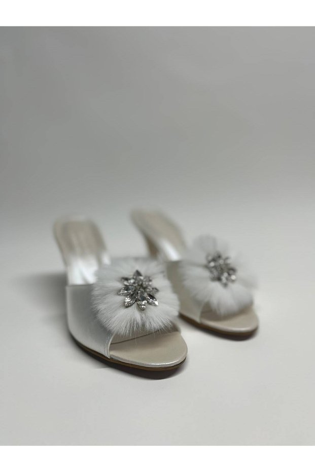 Feathered Buckle-Strap Heel Bridal Slippers