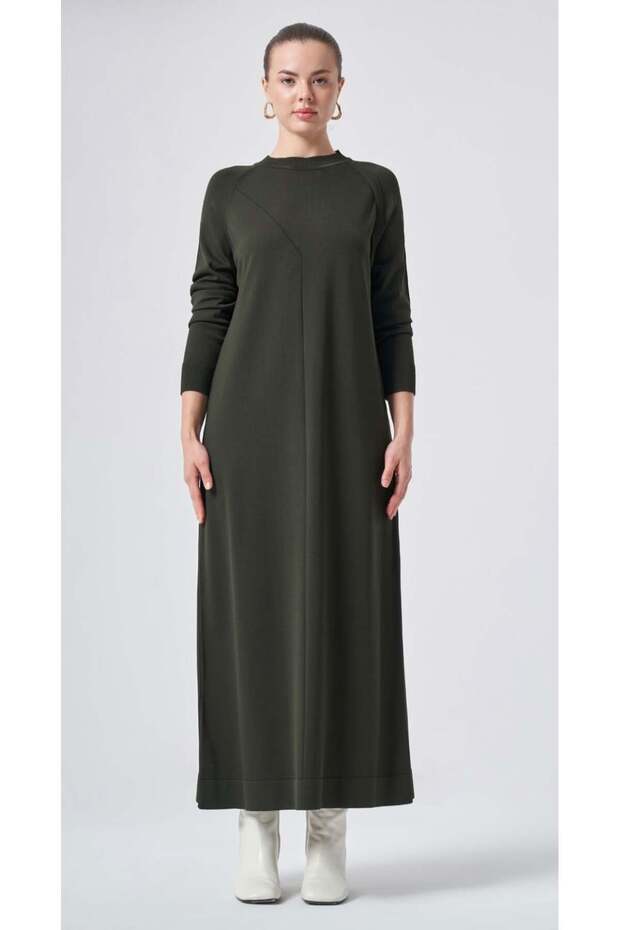803 Front Stitching Detail Mercerized Dress Khaki