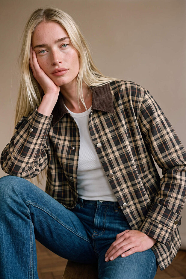 Beige Black Brown Velvet Collared Plaid Oversized Jacket