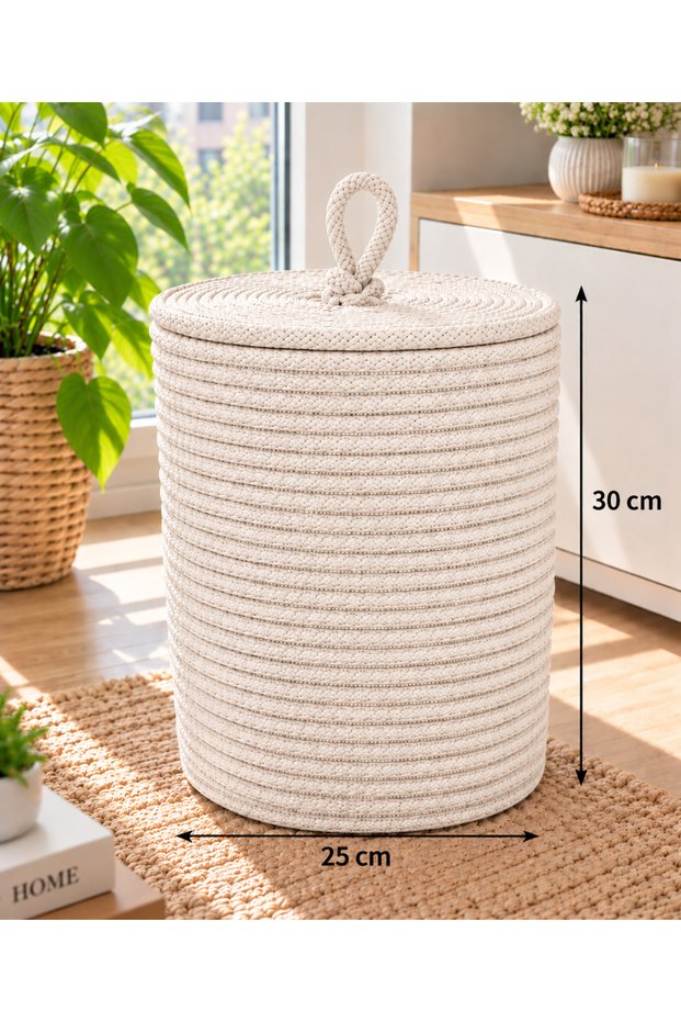 Wicker-Look Rope Basket with Lid 25X30 cm – Decorative Multi-Purpose Storage and Organizer Basket