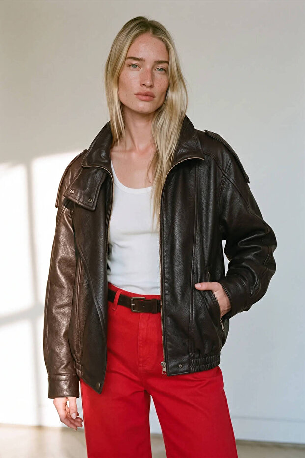 Dark Brown Stand Collar Bomber Leather Jacket