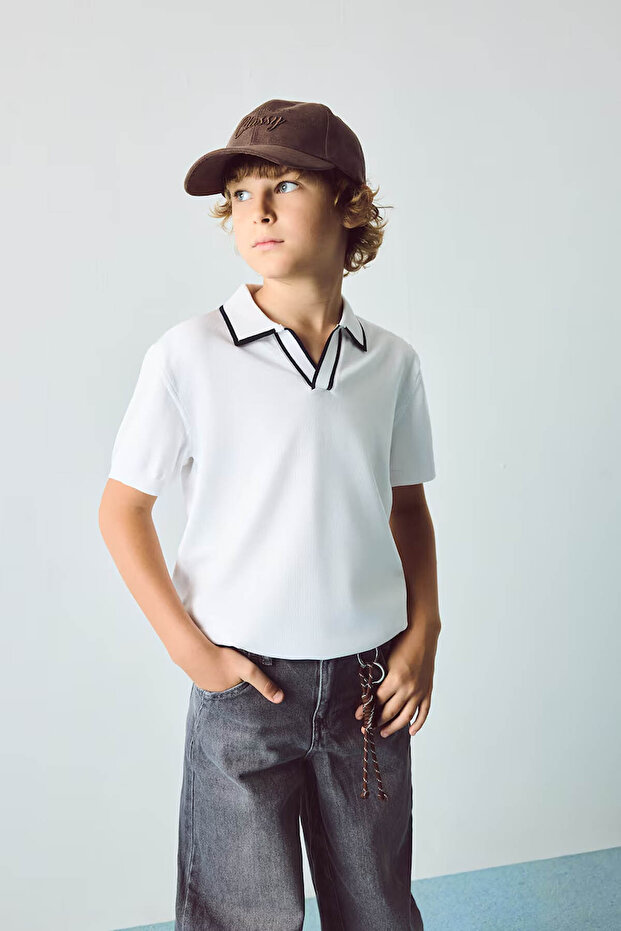 Regular Fit Apaş Collar Viscose White Boys' T-Shirt G6606A8Wt32