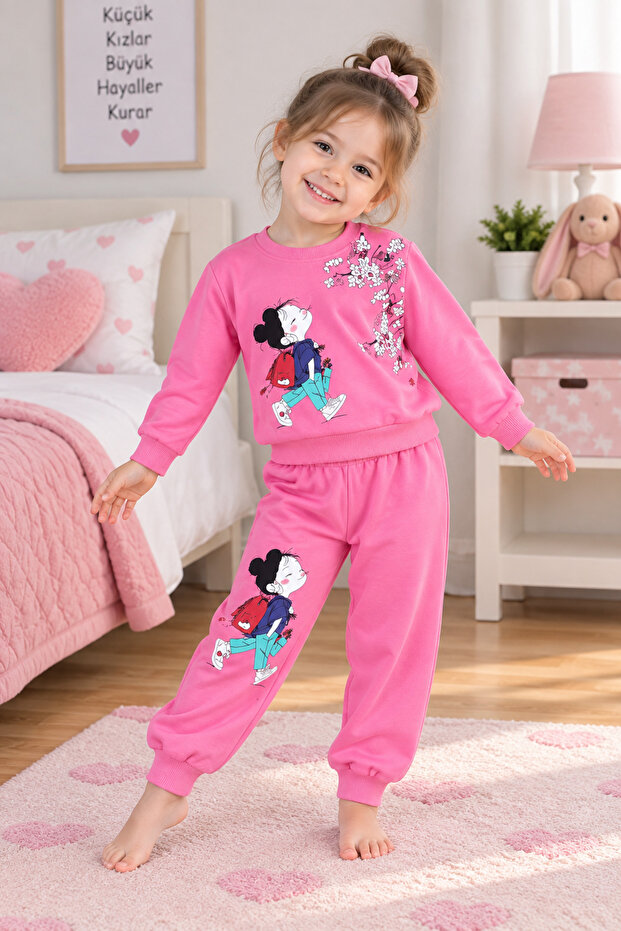 Girl's pink printed 2-piece tracksuit set