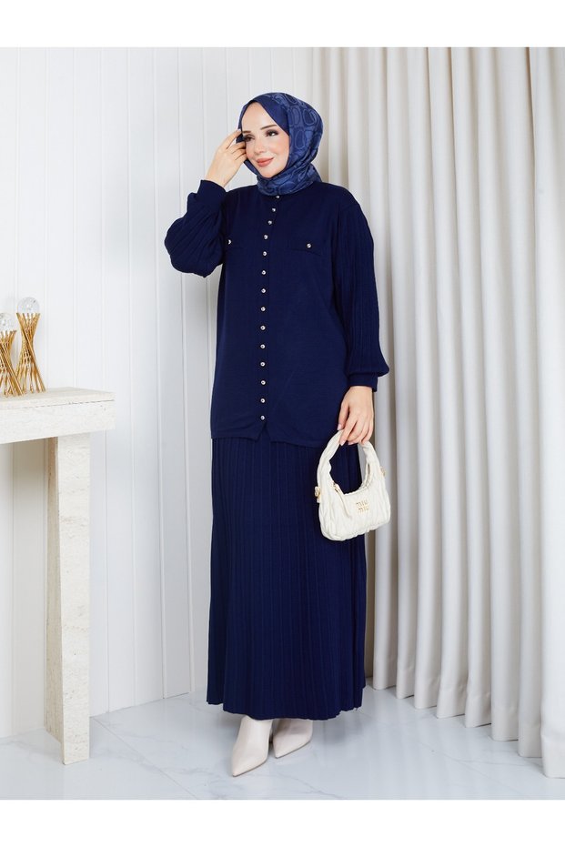 Stoned Buttoned Long Cardigan Balloon Sleeve Knitwear Skirt Set