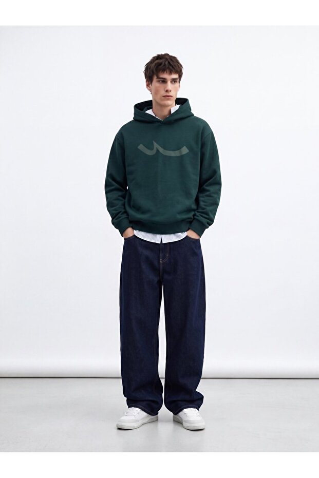 Regular Fit Sign Printed Hooded Green Sweatshirt