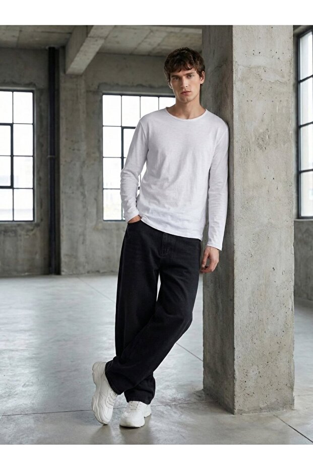 Regular Fit Flamlı Basic White Sweatshirt