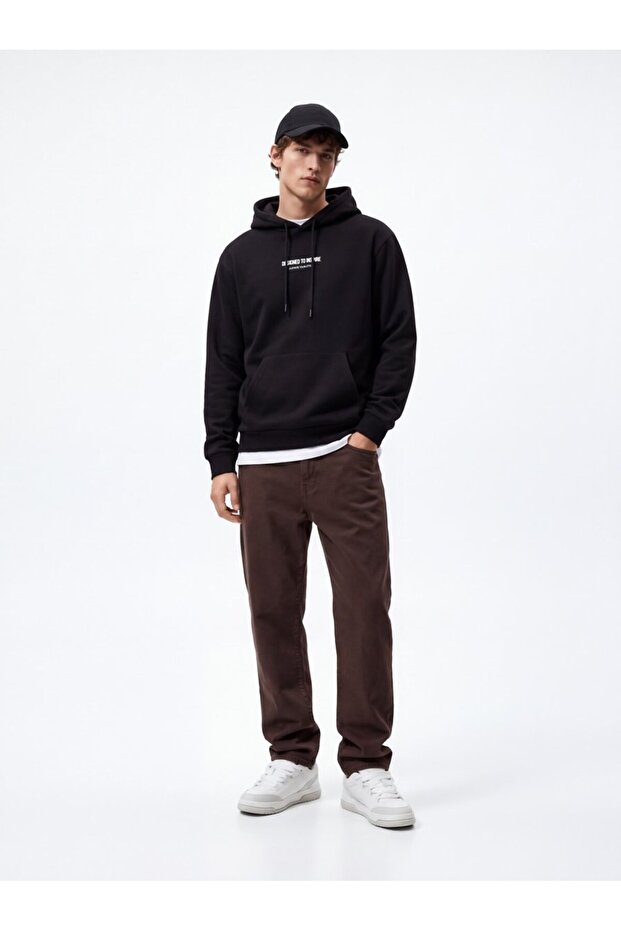 Regular Fit Letter Printed Hooded Black Sweatshirt