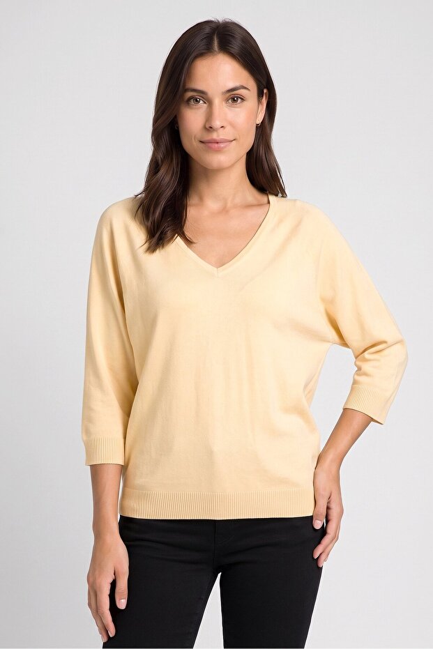 Women V Neck Solid Sweater, Peach