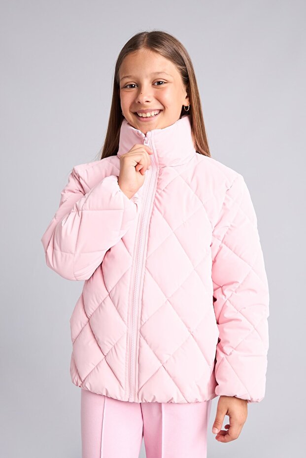 Water Repellent Quilted Diamond Patterned Half Turtleneck Coat Girls H8019A826Au