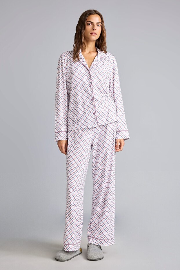 Regular Fit Patterned Ribbed Long Sleeve Pajama Set H9100Ax26Au