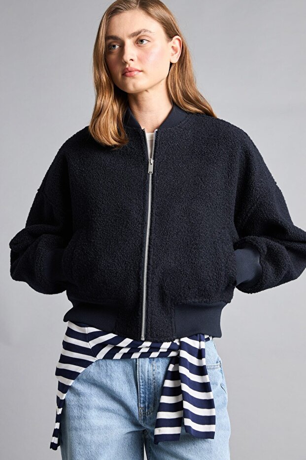 Regular Fit Zippered Boucle Bomber Cashmere Coat H3960Ax26Wn