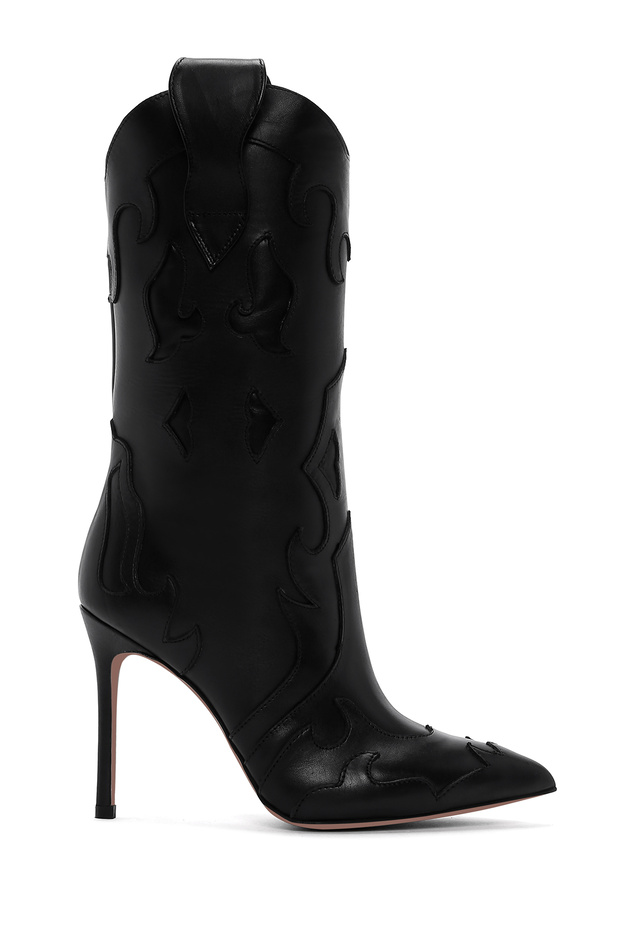 Women's Black Patterned Thin Heeled Leather Boots Wf110001Dv