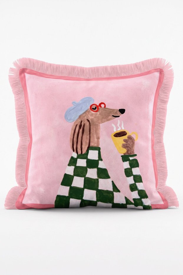 Coffee Drinking Painter Dog with Glasses Figured Checkerboard Patterned Fringed Throw Pillow Cover