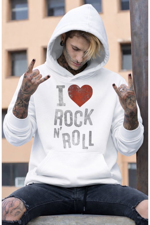 Unisex Oversize I Love Rock and Roll Printed Hooded Sweatshirt