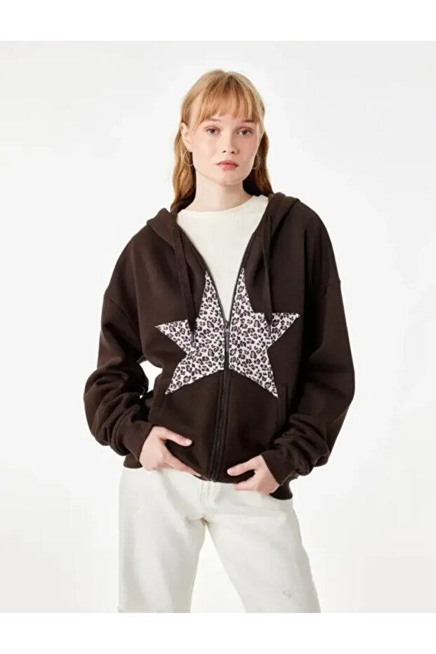 Pocketed, Embroidered Leopard Hooded Zipper Sweatshirt