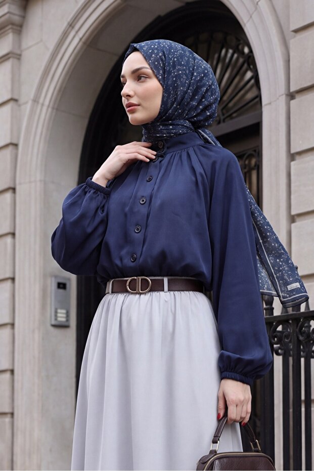 Hakim Collar Buttoned Diagonal Shirt with Elastic Waist and Sleeves - Dark Blue