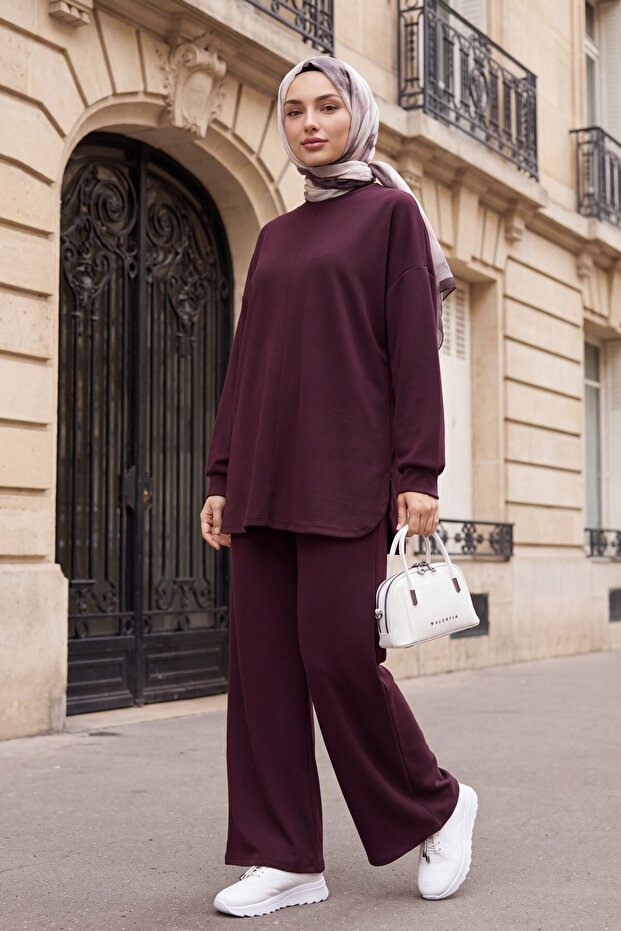 Oval Cut Slit-Cut Double Set with Grass Detail - Plum