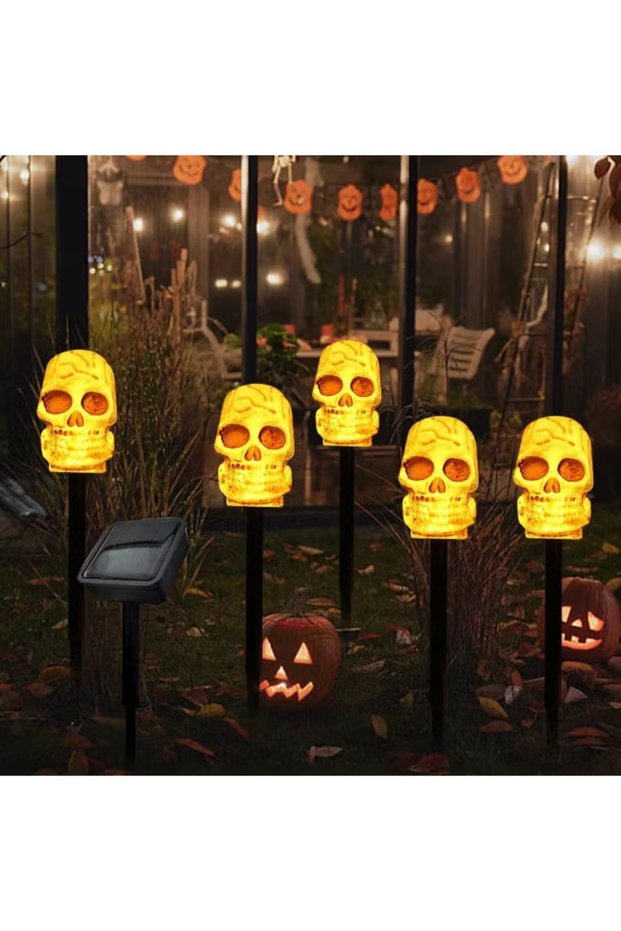 5pack Solar Halloween Skull Lights Decorations Outdoor, Waterproof Skull Solar Pathway Lights, Solar Halloween Garden Lights Scary Skeleton LED Lights for Patio Lawn Yard Garden