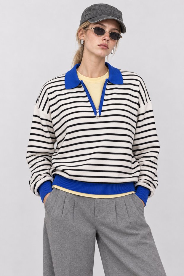 Striped Polo Collar Oversize Knitwear Sweater Lki̇0056 Ecru Blue