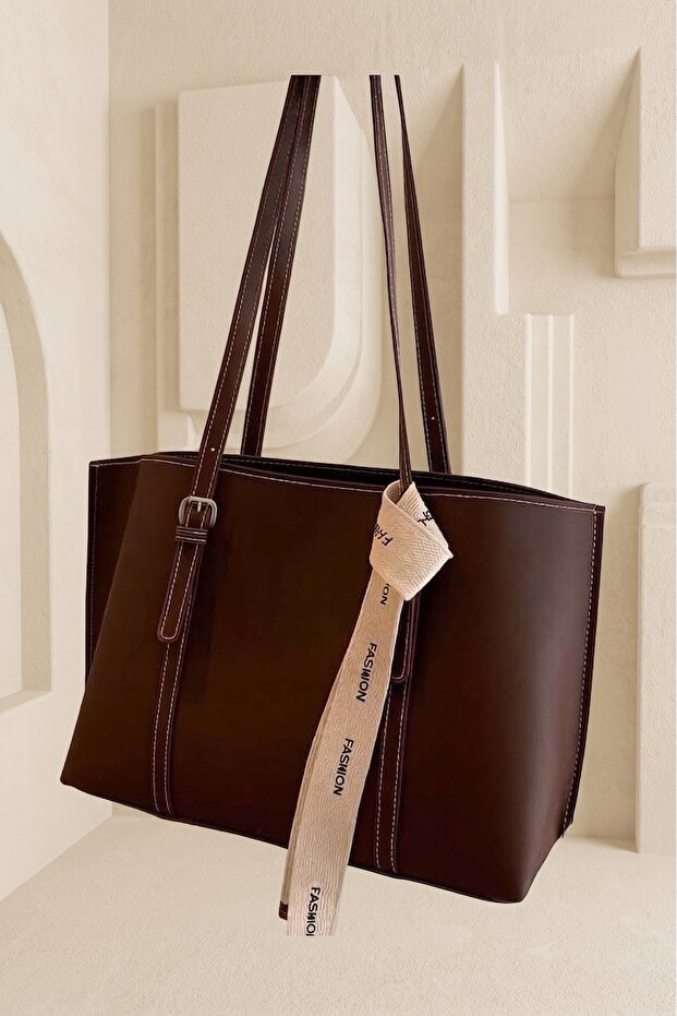 Detailed Large Size Women's Scarf Hand and Shoulder Bag Brown