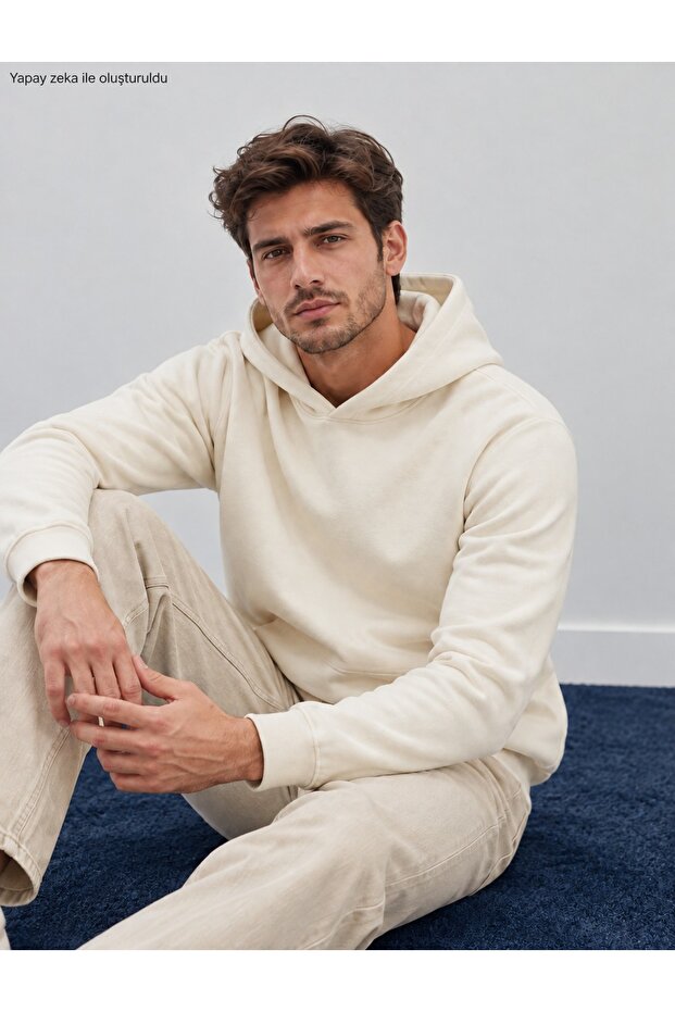 Men's Hooded Sweatshirt - Plain Patternless Cotton Hoodie with Kangaroo Pocket