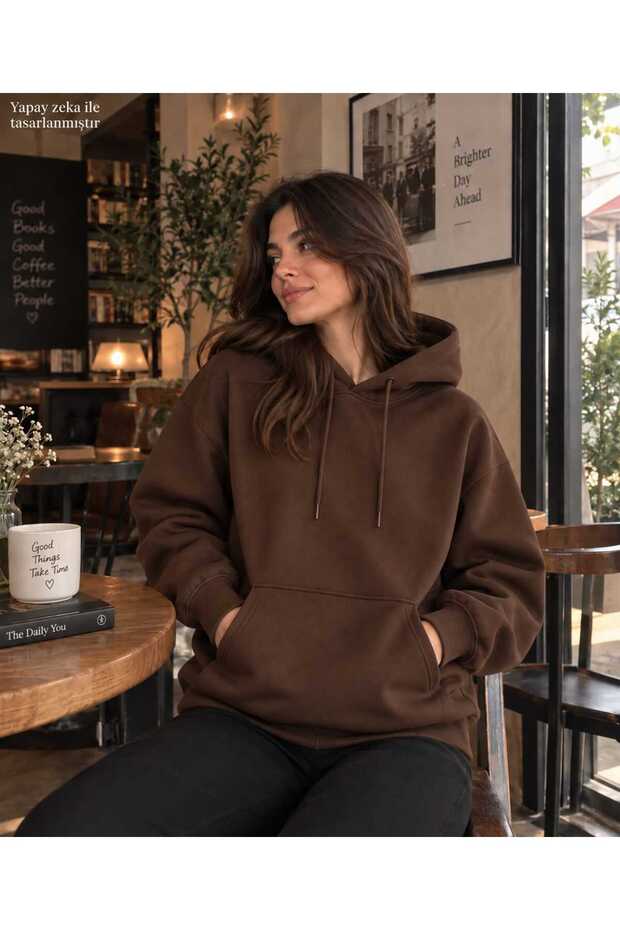 Women's Hooded Sweatshirt - Oversized Plain Patternless Two-Strand Hoodie with Kangaroo Pocket