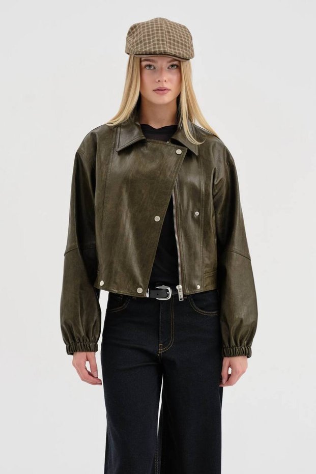 Women's Leather Khaki Color Premium Quality Lined Design Jacket