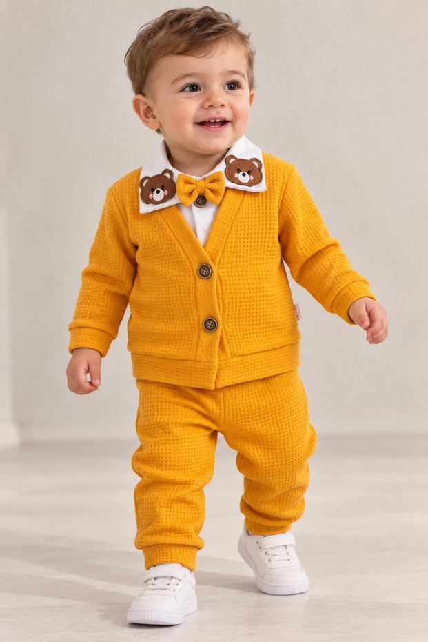 Baby Yellow Bow Tie and Pocketed Belted Teddy Bear Cardigan-Shirt Detailed Monthly Top and Bottom Set