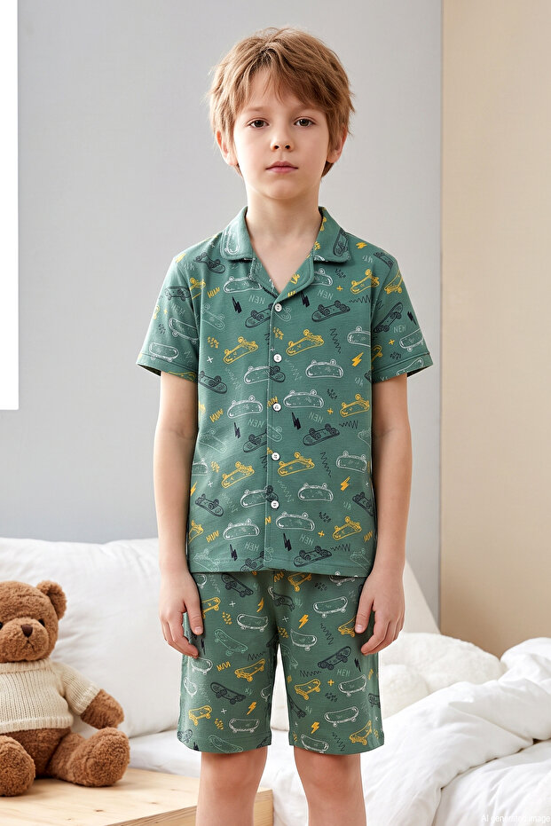Patterned Boys' Single Jersey Cotton Pajama Set 260357 Green