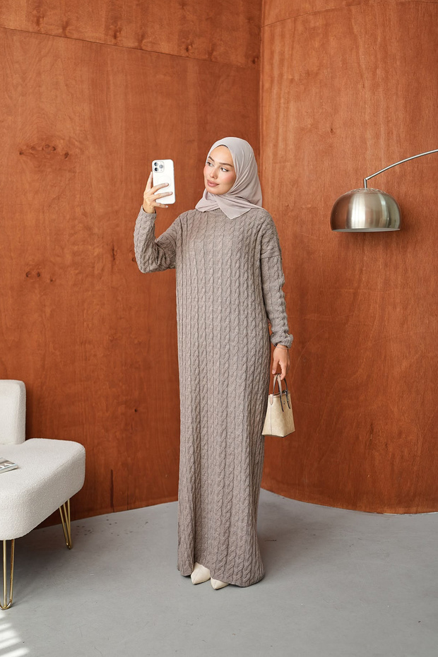 Hair Braid Patterned Knitwear Dress - Relaxed Fit Oversize Long Knitted Dress