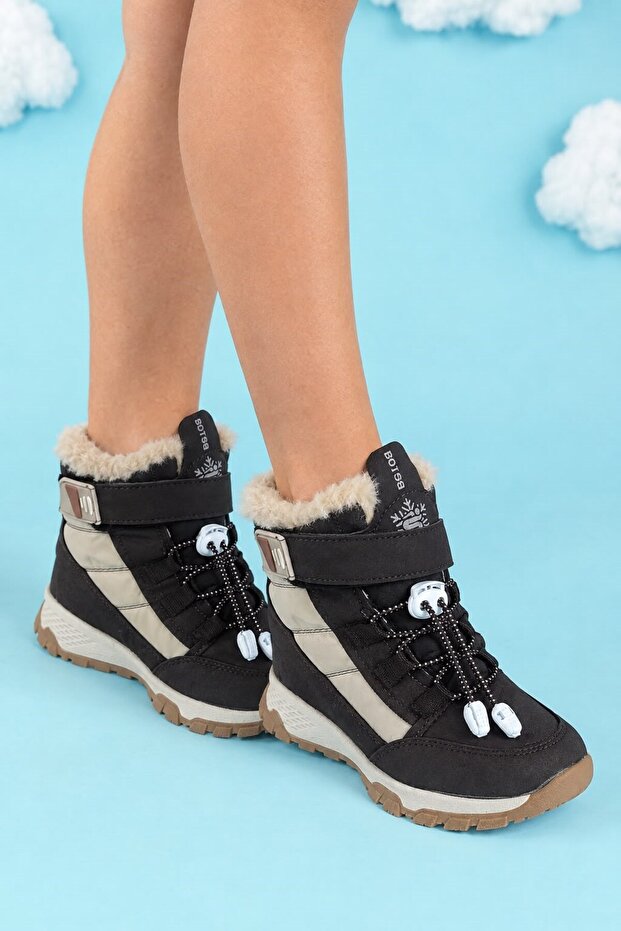 Boy's Snow Boots with Velcro Rubber Laces, Fur Patterned, Thick Non-Slip Sole Bootie 015