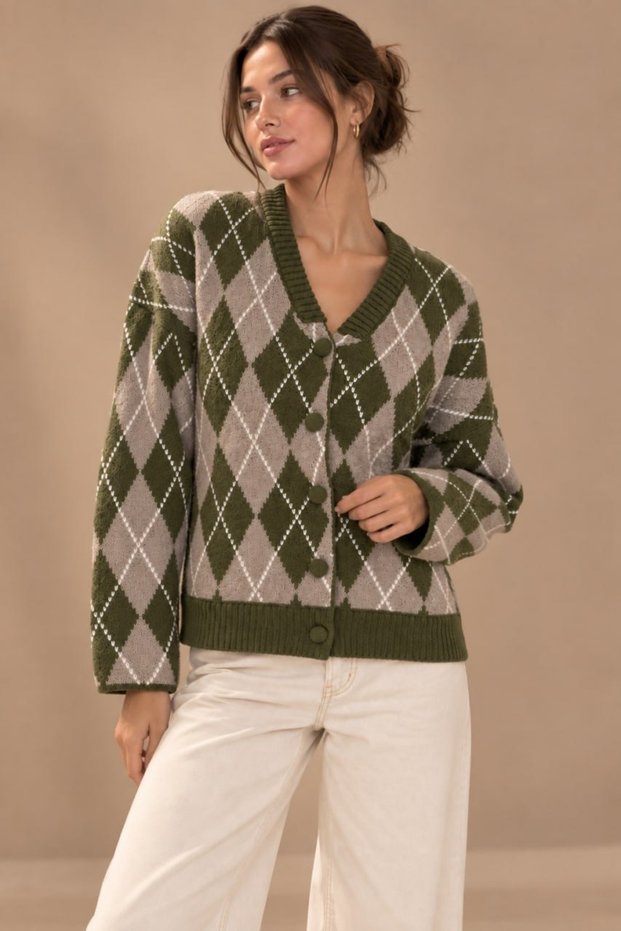 Women's V-Neck Diamond Pattern Knitwear Cardigan