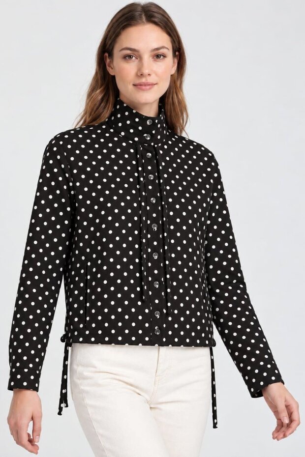 Black Polka Dot High Collar Lace Detailed Women's Lined Gabardine Jacket