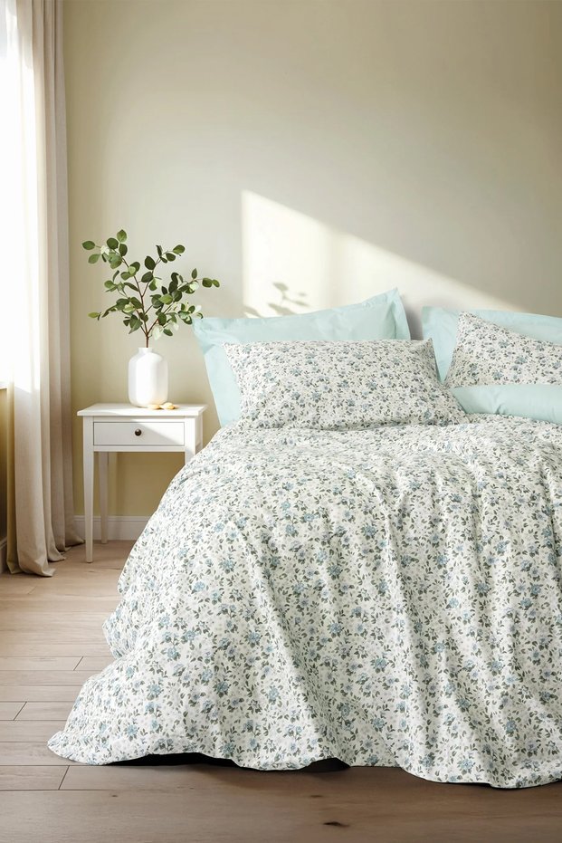 100% Cotton Single Fitted Sheet Duvet Cover Set Nola Mint 100X200
