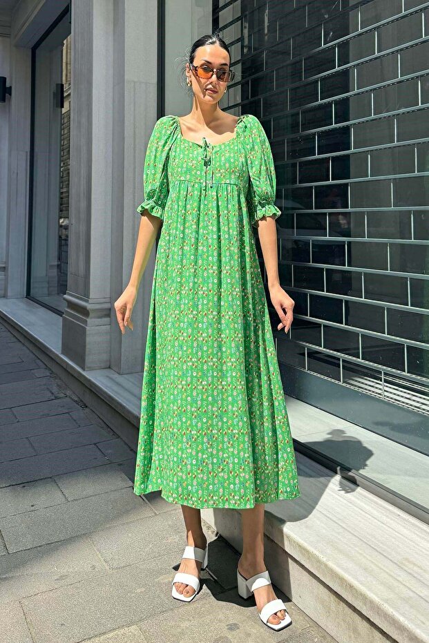 Natural Viscose Slit Gathered Patterned Long Green Dress