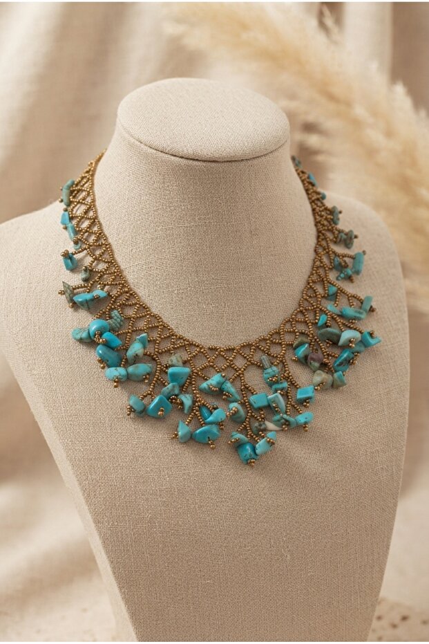 Handmade Turquoise Natural Stone Fringed Special Design Necklace