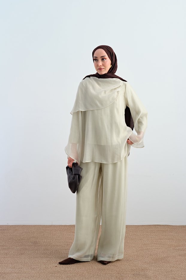 Women's Self-Patterned Inner Lined Tulle Set Pistachio Green