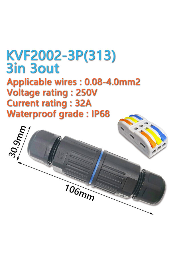 2002-3P IP68 waterproof cable connector quick connection KVSF-15 2 in 2 out 2/3/4/5 pin Electrical T