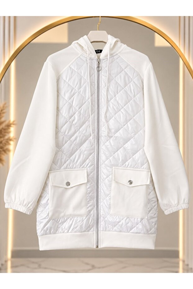 Women's Hijab Cover Pocket Detailed Quilted Coat White