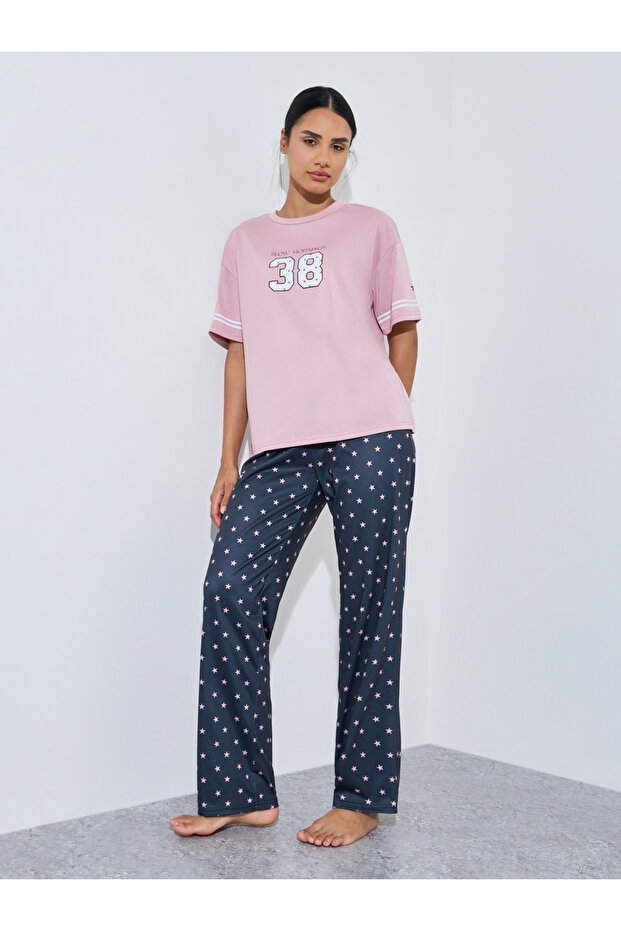 Multi-Color Printed T-Shirt And All Over Star Print Pants Pyjama Set