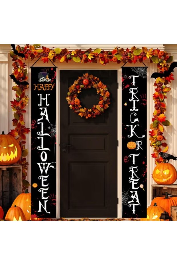 Happy Halloween Trick or Treat Porch Banner Set, Black Vertical Door Hanging Sign, Halloween Front Door Decorations for Indoor Outdoor Yard Party