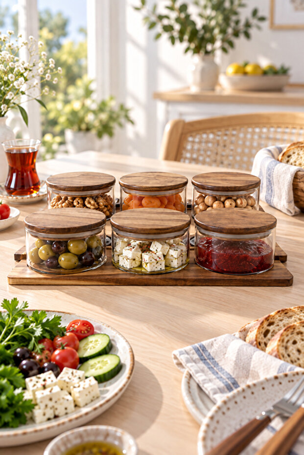 6-Piece 400 ml Glass Breakfast Set – Round Presentation Set with Acacia Lid and Acacia Wooden Tray
