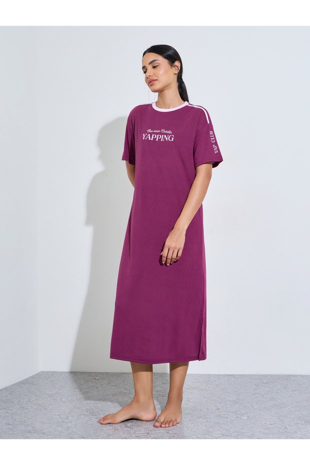 Burgundy Slogan Print Short Sleeves Sleep T-Shirt Dress