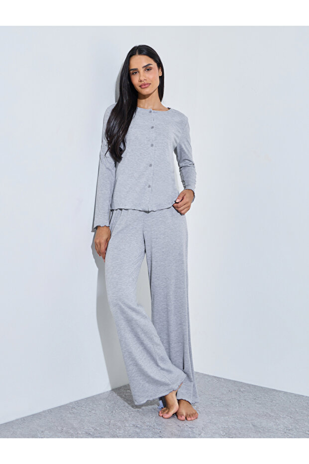 Grey Solid Button-Up Shirt And Wide Leg Pants Pyjama Set