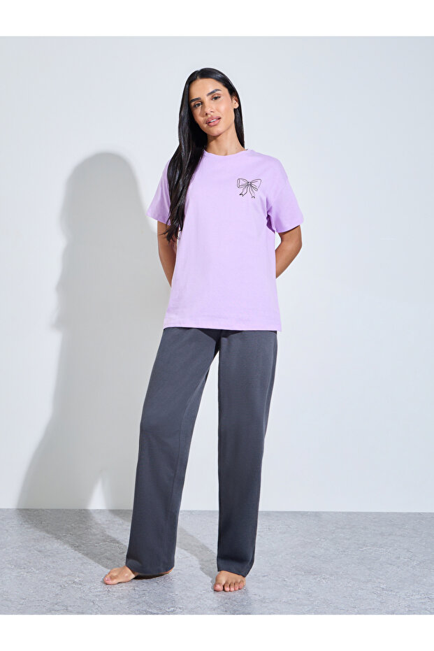 Lilac Bow Print T-Shirt And Grey Solid Wide Leg Pants Pyjama Set