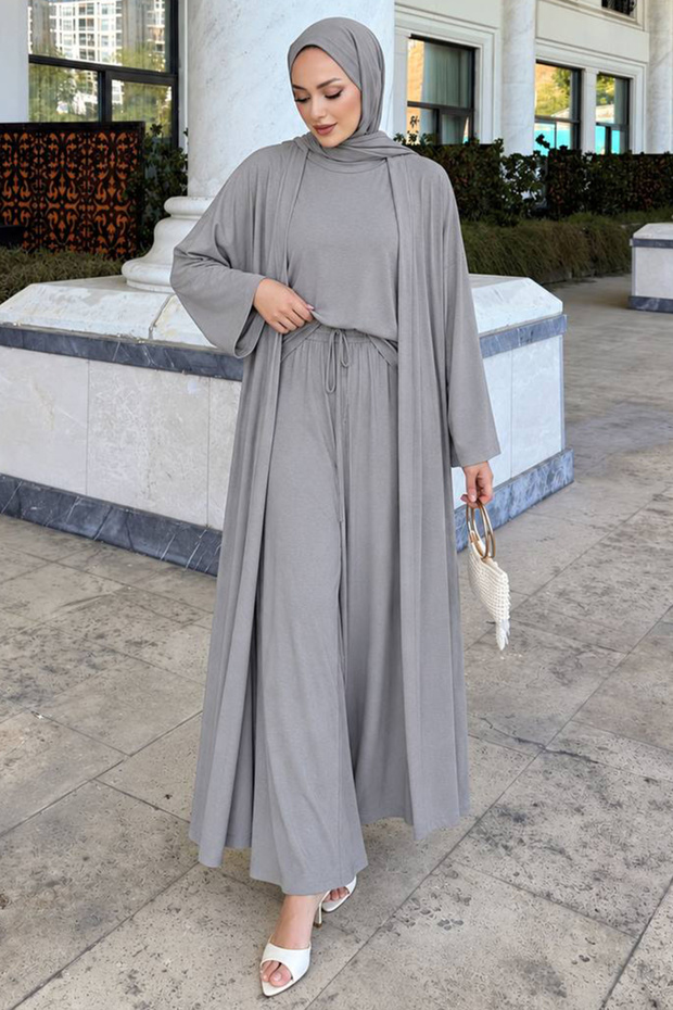 Gray Ottoman Hijab Three-Piece Set with Long Outer Piece 14080Gr