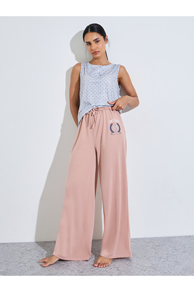 Multi-Color Polka Dot Tank And Printed Wide Leg Pants Pyjama Set