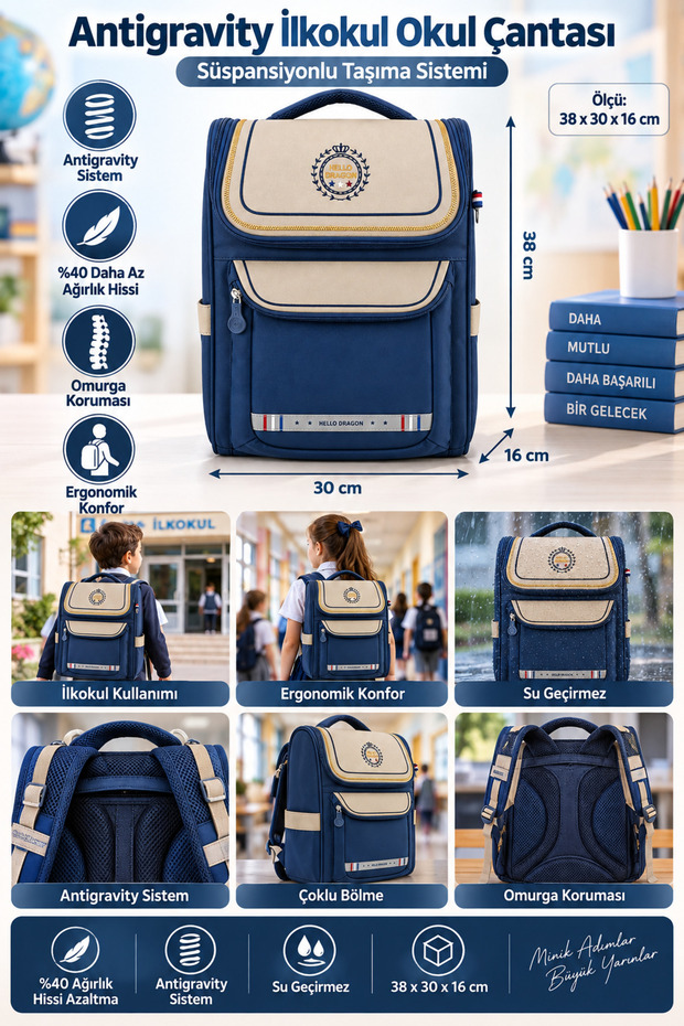 Primary School School Bag Model 14 Blue Antigravity 38X30X16 cm
