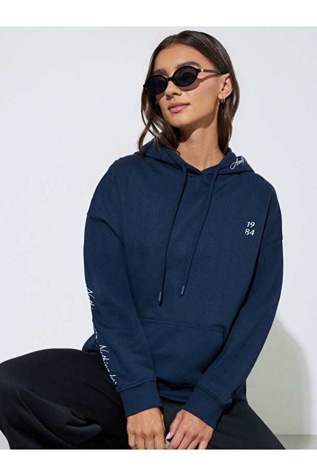 Navy Blue Slogan Embroidered Oversized Hoodie